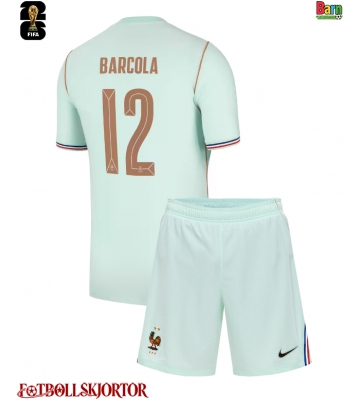 Frankrike Bradley Barcola #12 Borta Kläder Barn VM 2026 Kortärmad (+ Korta byxor)